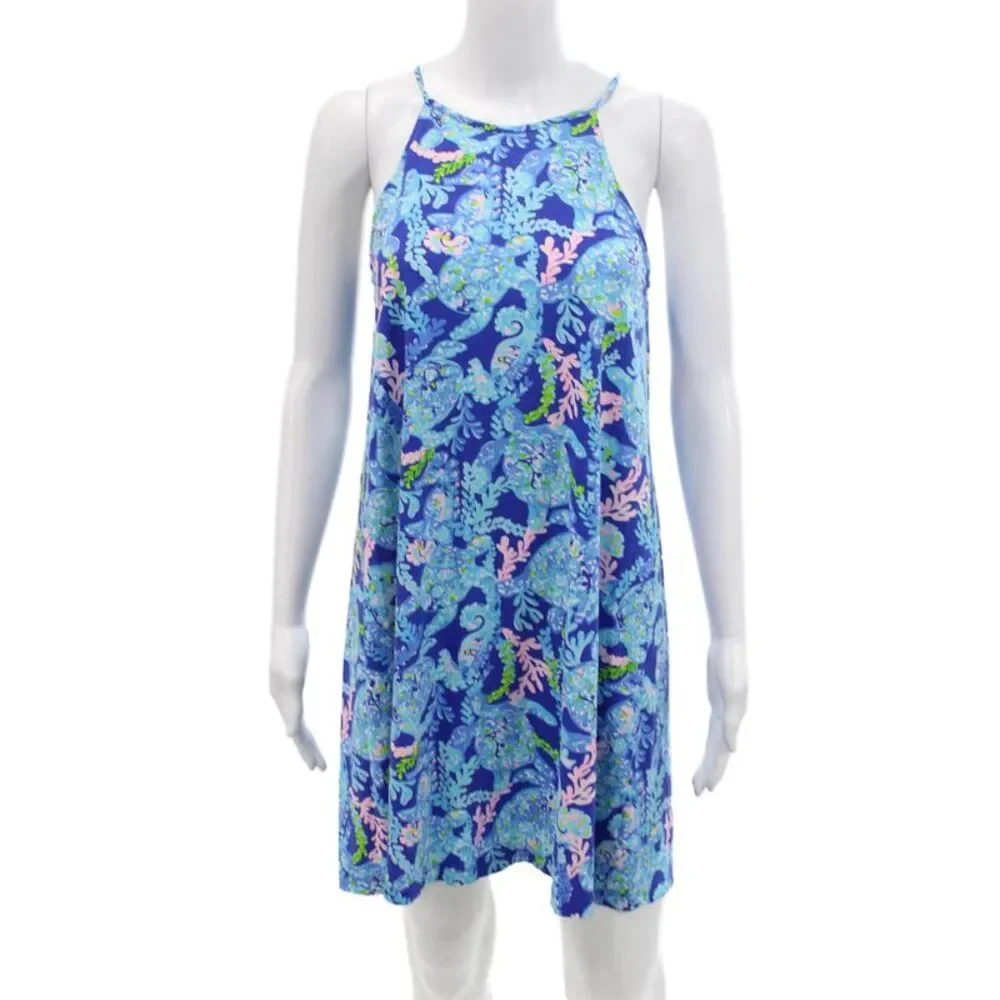 Lily Pulitzer Womens Cotton Halter Neck Pullover Mini Dress Blue Size XS